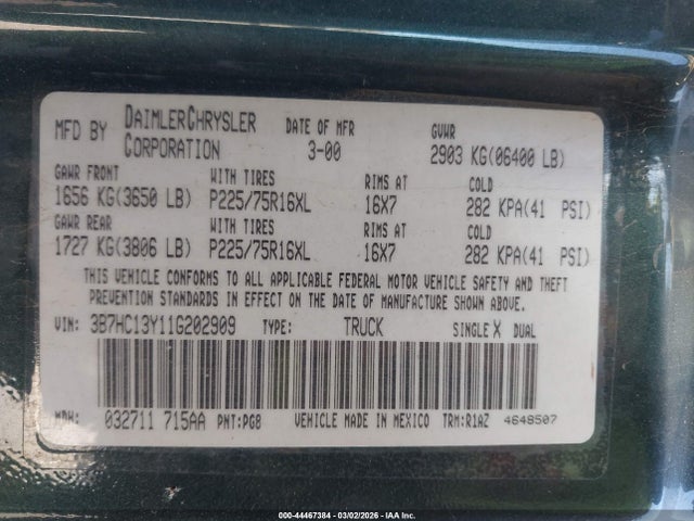 Aukcja sprzedaży 2001 Dodge Ram 1500 St, vin: 3B7HC13Y11G202909, numer aukcji: 44467384