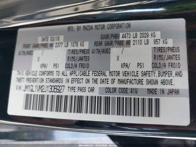 2018 Mazda Mazda6 Touring მანქანა იყიდება აუქციონზე, vin: JM1GL1VM2J1306927, აუქციონის ნომერი: 44467442