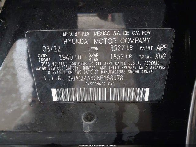 Aukcja sprzedaży 2022 Hyundai Accent Se, vin: 3KPC24A60NE168978, numer aukcji: 44467452