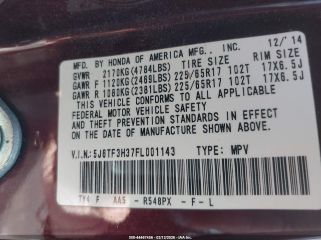 5J6TF3H37FL001143 Honda Crosstour Ex