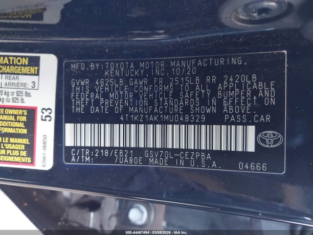 2021 Toyota Camry Trd მანქანა იყიდება აუქციონზე, vin: 4T1KZ1AK1MU048329, აუქციონის ნომერი: 44467494
