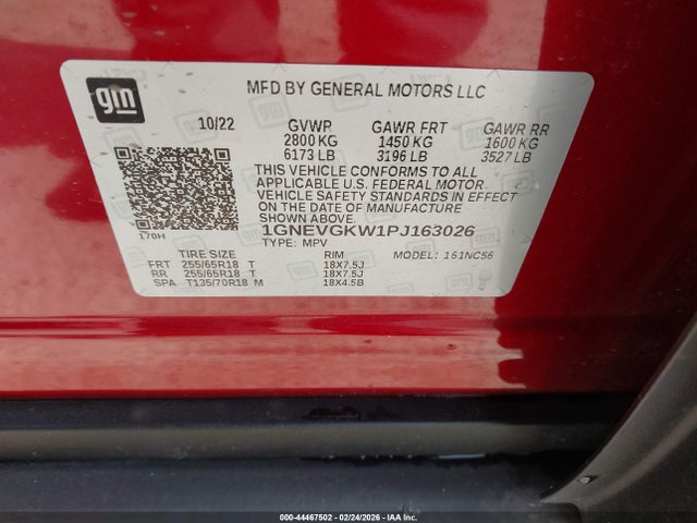 1GNEVGKW1PJ163026 Chevrolet Traverse Awd Lt Cloth