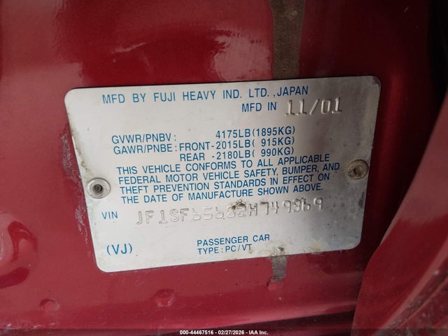 2002 Subaru Forester S მანქანა იყიდება აუქციონზე, vin: JF1SF65682H749369, აუქციონის ნომერი: 44467516