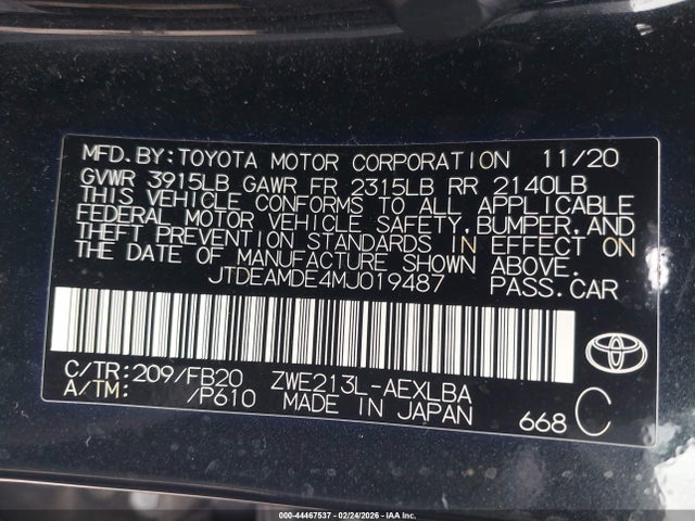 Toyota Corolla Hybrid Le 2021 JTDEAMDE4MJ019487 Image 9