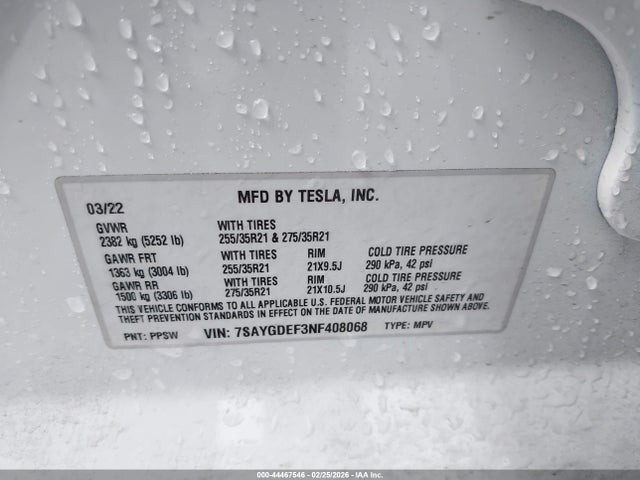 Aukcja sprzedaży 2022 Tesla Model Y Performance Dual Motor All-wheel Drive, vin: 7SAYGDEF3NF408068, numer aukcji: 44467546