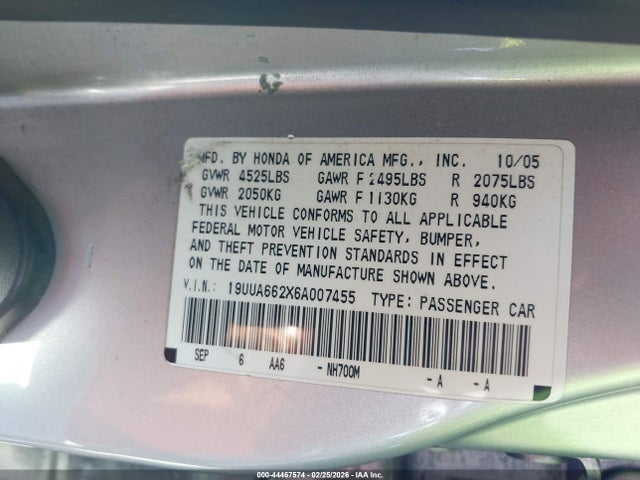 Продаж на аукціоні авто 2006 Acura Tl, vin: 19UUA662X6A007455, номер лоту: 44467574