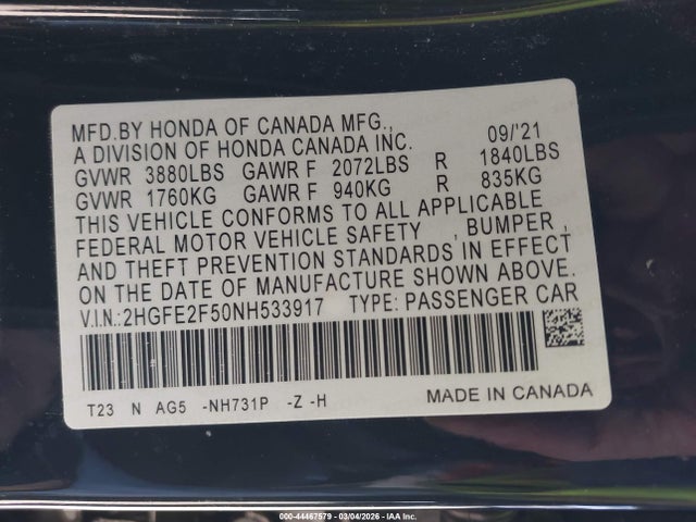 Honda Civic Sport 2022 2HGFE2F50NH533917 Image 9