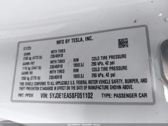 Продаж на аукціоні авто 2025 Tesla Model 3 Long Range Rear-wheel Drive/standard Rear-wheel Drive, vin: 5YJ3E1EA5SF051102, номер лоту: 44467614