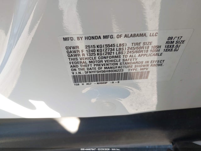 5FNYF5H56HB036223 Honda Pilot Ex-l