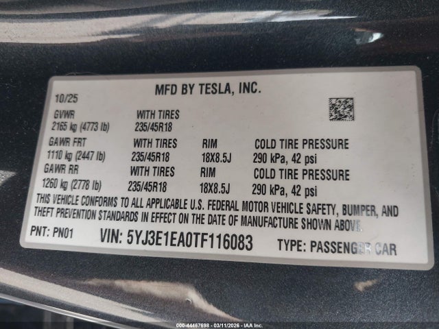 Aukcja sprzedaży 2026 Tesla Model 3 Premium Rear-wheel Drive/standard Rear-wheel Drive, vin: 5YJ3E1EA0TF116083, numer aukcji: 44467698