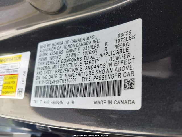 Продажа на аукционе авто 2026 Honda Civic Hybrid Sport/sport Touring, vin: 2HGFE4F86TH310607, номер лота: 44467702