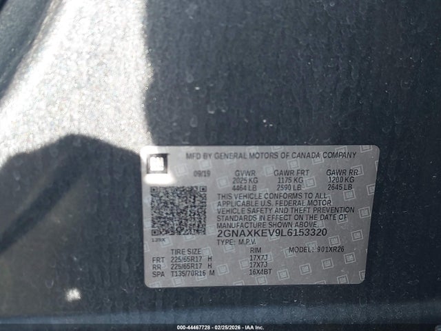 44467728 :رقم المزاد ، 2GNAXKEV9L6153320 vin ، 2020 Chevrolet Equinox Fwd Lt 1.5l Turbo مزاد بيع