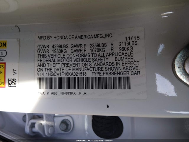 Продаж на аукціоні авто 2019 Honda Accord Lx, vin: 1HGCV1F16KA021518, номер лоту: 44467737