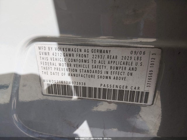 2007 Volkswagen Rabbit 4-door მანქანა იყიდება აუქციონზე, vin: WVWDS71K17W073938, აუქციონის ნომერი: 44467757