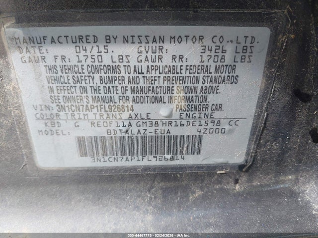 Nissan Versa 1.6 S+ 2015 3N1CN7AP1FL926814 Image 9