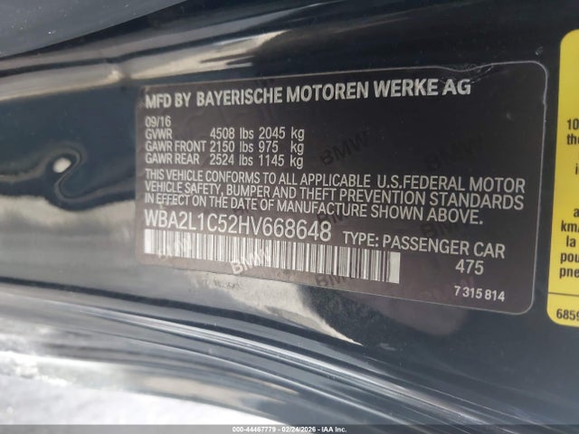 44467779 :رقم المزاد ، WBA2L1C52HV668648 vin ، 2017 Bmw M240i مزاد بيع