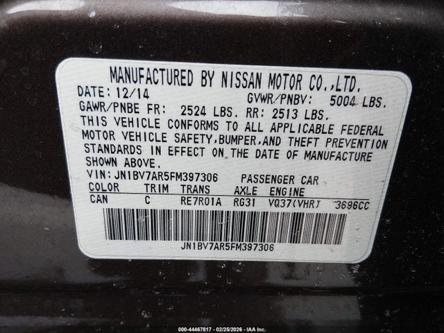 Aukcja sprzedaży 2015 Infiniti Q50 Premium, vin: JN1BV7AR5FM397306, numer aukcji: 44467817