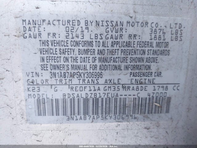 3N1AB7AP5KY306996 Nissan SENTRA SV