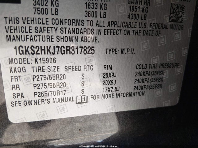 1GKS2HKJ7GR317825 GMC YUKON XL DENALI