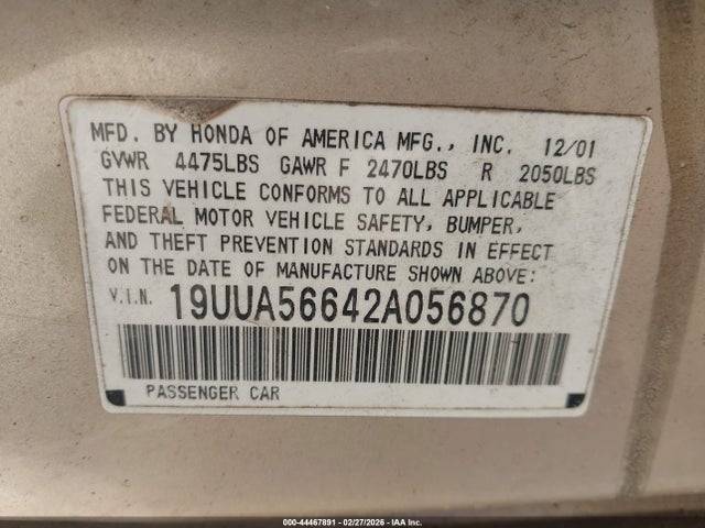 Aukcja sprzedaży 2002 Acura Tl 3.2, vin: 19UUA56642A056870, numer aukcji: 44467891