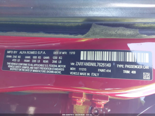 2020 ALFA ROMEO GIULIA ZARFANBN8L7626149 Photo 8