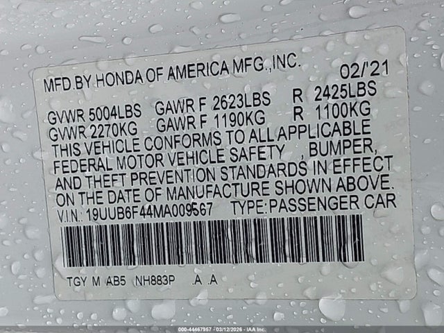 2021 Acura Tlx Technology Package მანქანა იყიდება აუქციონზე, vin: 19UUB6F44MA009567, აუქციონის ნომერი: 44467957
