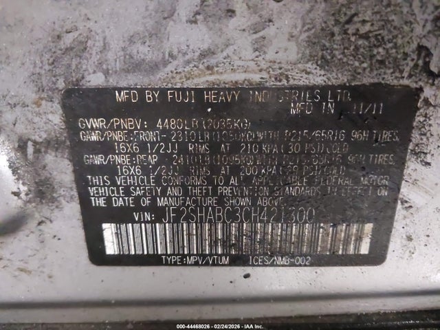 44468026 :رقم المزاد ، JF2SHABC3CH421300 vin ، 2012 Subaru Forester 2.5x مزاد بيع