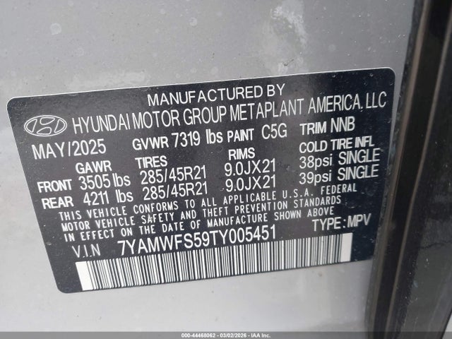 Aukcja sprzedaży 2026 Hyundai Ioniq 9 Performance Limited, vin: 7YAMWFS59TY005451, numer aukcji: 44468062