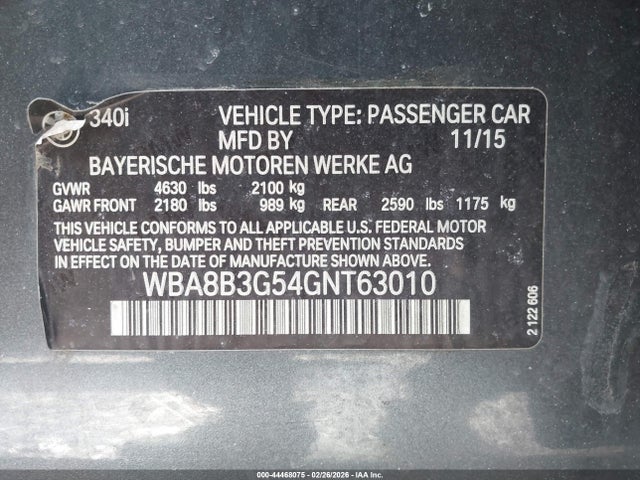 44468075 :رقم المزاد ، WBA8B3G54GNT63010 vin ، 2016 Bmw 340i مزاد بيع