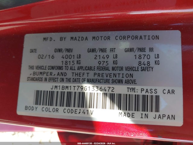 44468130 :رقم المزاد ، JM1BM1T79G1336472 vin ، 2016 Mazda Mazda3 I Sport مزاد بيع