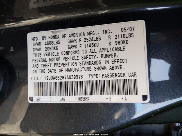 44468142 :رقم المزاد ، 19UUA66297A039976 vin ، 2007 Acura Tl 3.2 مزاد بيع
