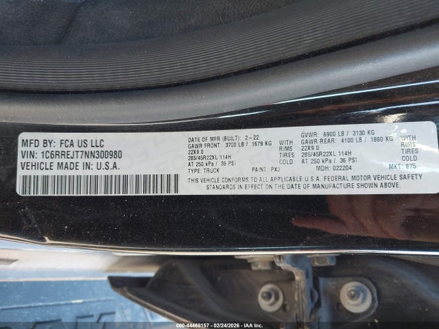 Продажа на аукционе авто 2022 Ram 1500 Laramie  4x2 5'7 Box, vin: 1C6RREJT7NN300980, номер лота: 44468157