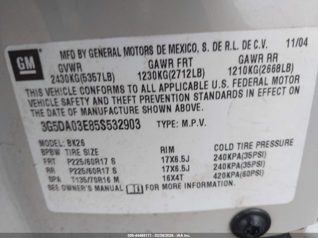 Aukcja sprzedaży 2005 Buick Rendezvous Cx, vin: 3G5DA03E85S532903, numer aukcji: 44468171