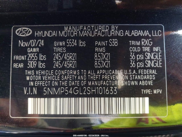 Auction sale of the 2025 Hyundai Santa Fe Calligraphy, vin: 5NMP54GL2SH101633, lot number: 44468196