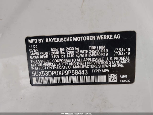 Продаж на аукціоні авто 2023 Bmw X3 Xdrive30i, vin: 5UX53DP0XP9P58443, номер лоту: 44468208