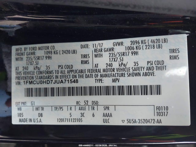 44468211 :رقم المزاد ، 1FMCU0HD7JUA71548 vin ، 2018 Ford Escape Sel مزاد بيع