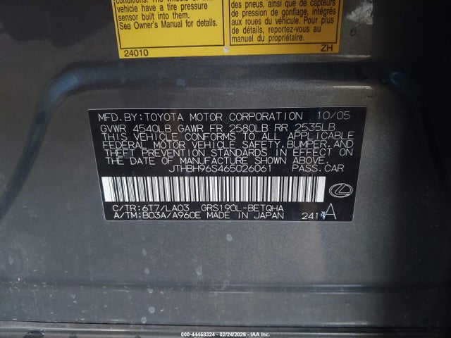 Aukcja sprzedaży 2006 Lexus Gs 300, vin: JTHBH96S465026061, numer aukcji: 44468324
