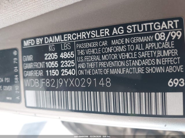 2000 Mercedes-benz E 320 4m მანქანა იყიდება აუქციონზე, vin: WDBJF82J9YX029148, აუქციონის ნომერი: 44468366