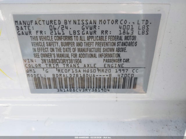 3N1AB8CV3RY381904 Nissan Sentra Sv Xtronic Cvt