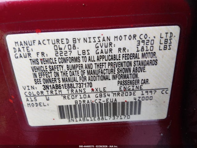 2008 NISSAN SENTRA 3N1AB61E88L737170 Photo 8