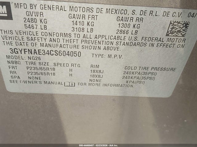 44468407 :رقم المزاد ، 3GYFNAE34CS604050 vin ، 2012 Cadillac Srx Luxury Collection مزاد بيع