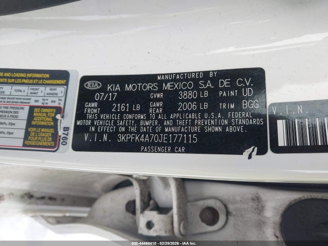 44468410 :رقم المزاد ، 3KPFK4A70JE177115 vin ، 2018 Kia Forte Lx مزاد بيع