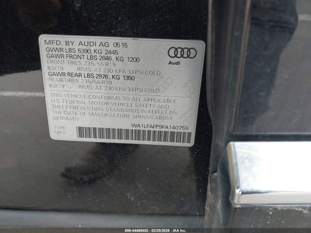 44468452 :رقم المزاد ، WA1LFAFP9FA140759 vin ، 2015 Audi Q5 2.0t Premium مزاد بيع