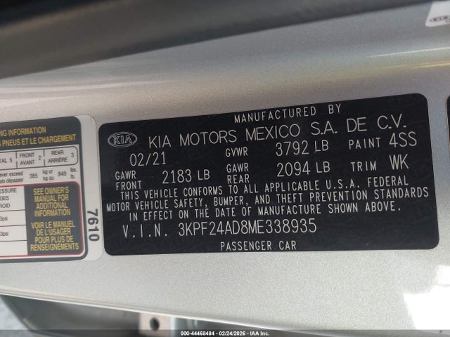 Продаж на аукціоні авто 2021 Kia Forte Lxs, vin: 3KPF24AD8ME338935, номер лоту: 44468484