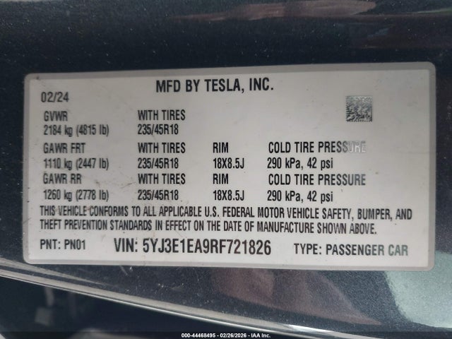 Продаж на аукціоні авто 2024 Tesla Model 3 Long Range Dual Motor All-wheel Drive/rear-wheel Drive, vin: 5YJ3E1EA9RF721826, номер лоту: 44468495