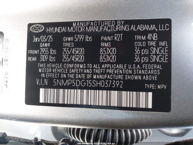 44468534 :رقم المزاد ، 5NMP5DG15SH037392 vin ، 2025 Hyundai Santa Fe Hybrid Calligraphy مزاد بيع