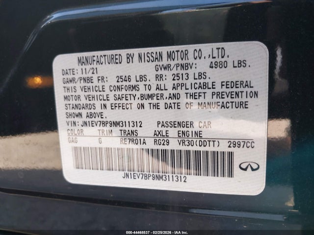 2022 Infiniti Q50 Luxe მანქანა იყიდება აუქციონზე, vin: JN1EV7BP9NM311312, აუქციონის ნომერი: 44468537