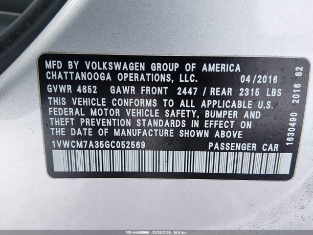 44468566 :رقم المزاد ، 1VWCM7A35GC052569 vin ، 2016 Volkswagen Passat V6 Sel Premium مزاد بيع