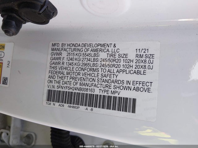 Продаж на аукціоні авто 2022 Honda Pilot 2wd Special Edition, vin: 5FNYF5H24NB008163, номер лоту: 44468579