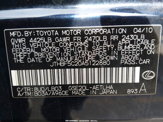 44468604 :رقم المزاد ، JTHBF5C20A5122880 vin ، 2010 Lexus Is 250 مزاد بيع